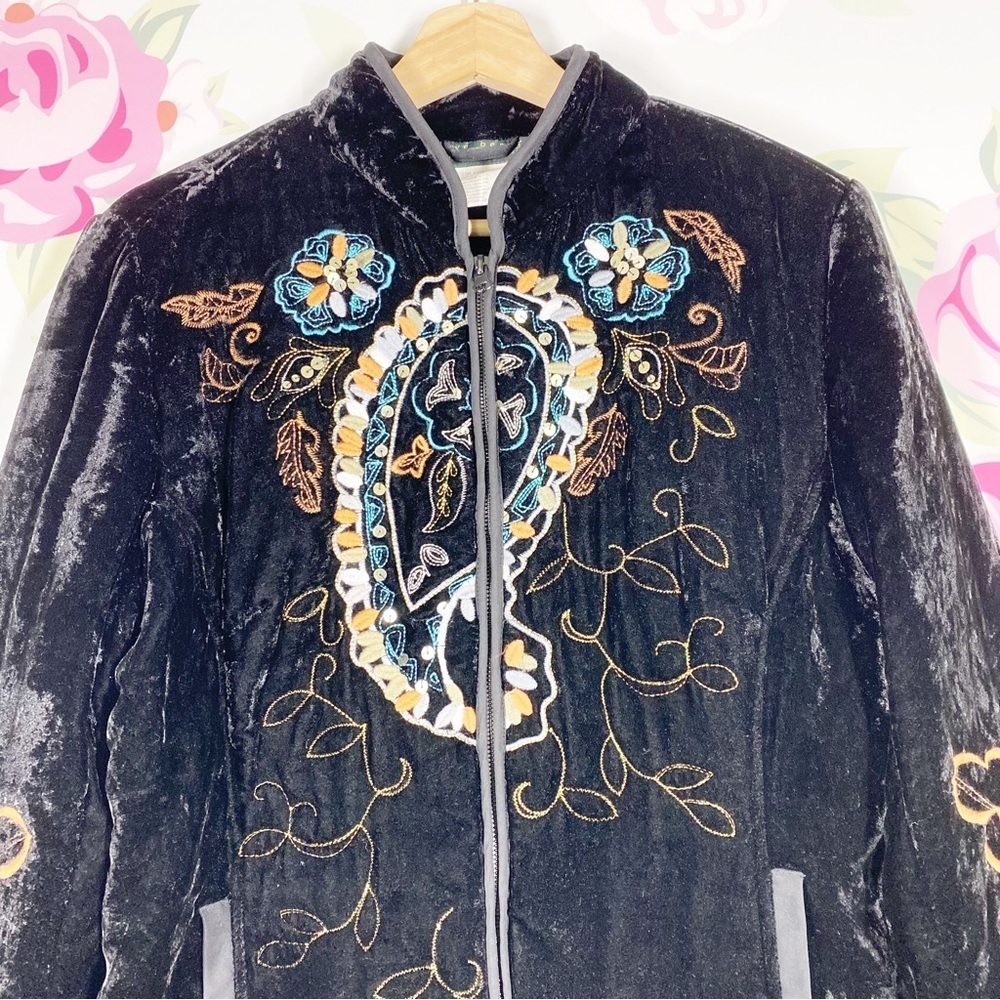 Harve Benard Black Paisley Embroidered Boho Crushed Velvet Jacket 12 - Picture 2 of 10